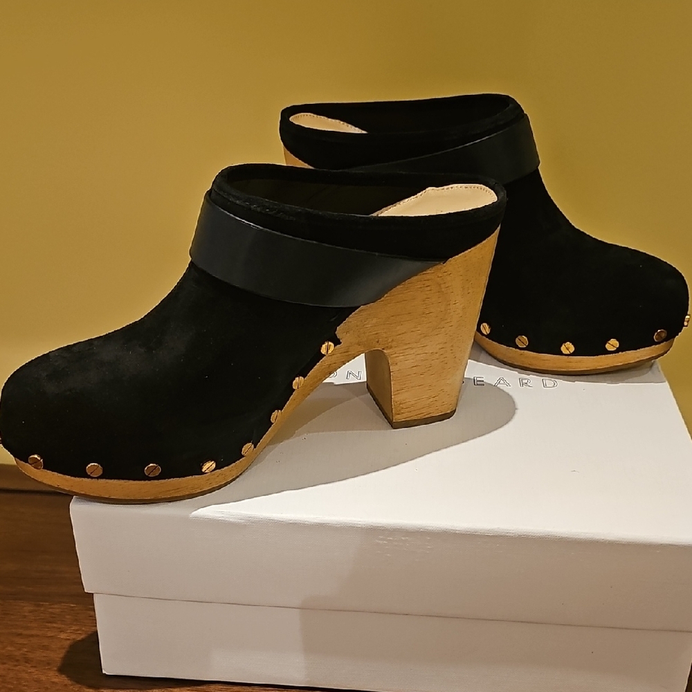 Brand NewVeronica Beard Black Suede Mules with Wooden Heel